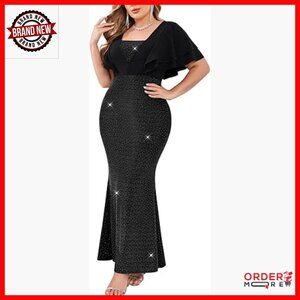 Plus Size Sparkly Maxi Dress Ruffle Sleeve Bodycon Mermaid Formal Cocktail